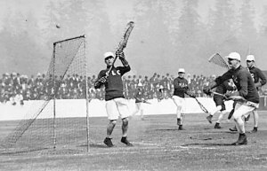 Vancouver goalkeeper Cory Hess making a save against New Westminster at Hastings Park on May 31, 1913