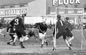 Lacrosse action (ca. 1911) at Recreation Park. Alexander ‘Sandy’ Gray is manning the goal for New Westminster and it appears ‘Newsy’ Lalonde is the Vancouver player going in on goal.