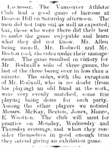 Quite possibly the earliest lacrosse match in British Columbia - Daily British Colonist, June 18, 1882